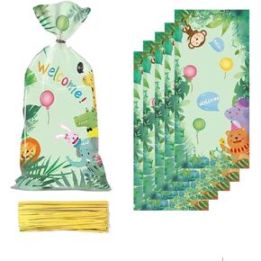 LLK 50 Pcs Jungle Animal Party Favors Bags Safari Animal Plastic Goody Treat Bags Safari Jungle Cellophane Gift Bags with Ribbons for Baby Shower Favors Jungle Theme Party Supplies for Birthday Party