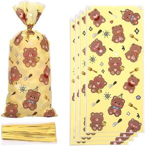 50PCS Bear Baby Shower Treat Bags Bear Cellophane Candy Bag Bulk Plastic Goodie Gift Bags with 50PCS Metallic Twist Ties for Gender Reveal Birthday Party Favors