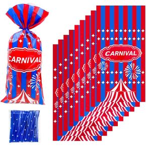 Jayomoli Carnival Circus Holiday Plastic Bags, 100pcs Cellophane Treat Bags Popcorn Bag, Candy Cookie Wrapping with Twist Ties for Party Favors Supply