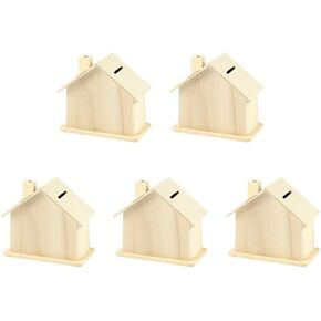 NUOBESTY Wood Decor 5Pcs DIY Piggy Bank Wooden House Piggy Bank DIY Cabin Coin Bank Unfinished Savings Bank DIY House Craft Piggy Bank for Kids Home Decor Girls Toys