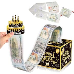 Birthday Money Cash Pulling Gift Box Black Gold Money Roll Clip Holder Surprise Box with 3 Cards for Men Women Kids 30th 40th 50th 60th 70th 8090th Retirement Party Favor Decorations Supplies