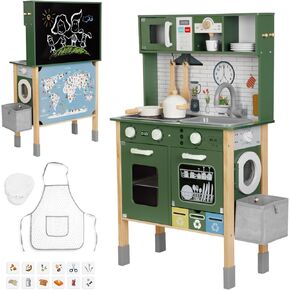 OOOK Kids Kitchen Playset with Sound and Light, Wooden Multifunctional Pretend Play Kitchen with Coffee Machine, Microwave, Dishwasher and Washer Toy ect., Kitchen Set for Kids Aged 3+