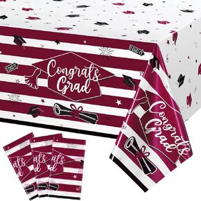 Tegeme 3 Pieces Graduation Tablecloths Plastic Congrats Grad Party Table Covers Class of 2024 Graduation Party Decorations and Supplies for College High School, 54 x 108 Inches(Burgundy)