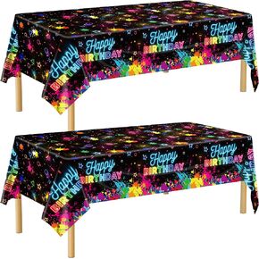 durony 2 Pack Glow in The Dark Birthday Party Tablecloth Neon Plastic Disposable Table Cover Paint Graffiti Happy Birthday Table Decorations for Let's Glow Birthday Party, 54 x 108 Inch