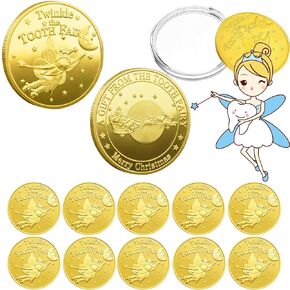 Tooth Fairy Coins, WINDSIUUU 10PCS Lost Teeth Reward Commemorative Coin Dental Tooth Fairy Golden Plated Metal Coin Kids Teeth Change Souvenir Christmas Dentistry Dentist Gifts for Lost Tooth Kids