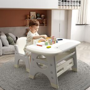 Benarita Kids Drawing Table and Chair Set Dinosaur Shape Activity Table with Storage Shelf Stable Toddler Furniture Set for Drawing Reading Indoor Easy to Clean Gift for Boys Girls Grey