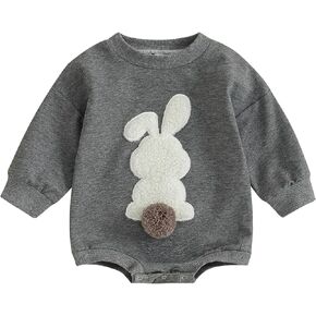 Lesimsam Newborn Baby Boy Girl Easter Outfit Bunny Embroidery Sweatshirt Romper Oversized Long Sleeve Bubble Romper Bodysuit