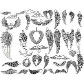 Assorted Angel Wings Feathers punk Charm Pendant Connector for DIY Jewelry Making Accessaries(36pcs,Antique Silver Tone)