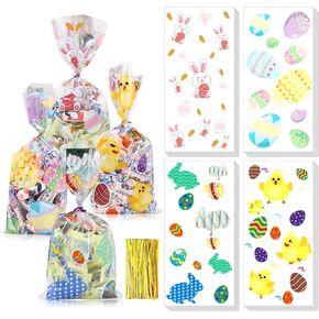 200pcs Easter Cellophane Treat Bags Rabbit Candy Cookie Packing Bags with 220 Twist Ties Bunny Cello Bag Party Bag Painted Eggs Cello Bag Grab Bag for Easter Day