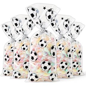 NEPOG Soccer Cellophane Treat Bags, 120 Pieces Soccer Goodie Bags Football Treat Bags Party Favors Clear Candy Cello Bags with Sliver Twist Ties for Soccer Birthday Party Favors Supplies
