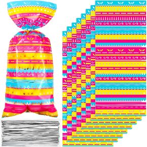 100 Pieces Mexican Fiesta Party Candy Bags Halloween Day of the Dead Treat Bags Cinde Mayo Cellophane Goodies Bags with 100 Silver Twist Ties for Fiesta TaBar (Keeoye-Party Favors-0718)