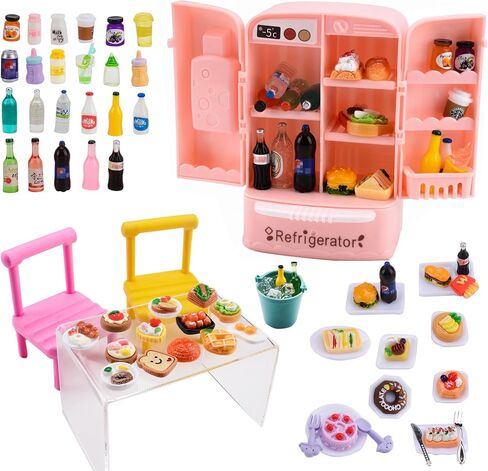 MUYIZI 120 قطعة ثلاجة صغيرة لبيت الدمى لعبة ثلاجة صغيرة مع زجاجات مشروبات طعام صغيرة ثلاجة صغيرة مع مكعبات ثلج أثاث المطبخ مجموعة طعام للأطفال ملحقات تزيين بيت الدمية المصغرة in Kuwait