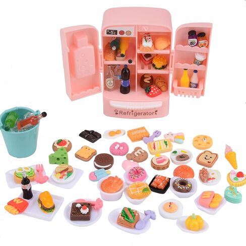 MUYIZI 120 قطعة ثلاجة صغيرة لبيت الدمى لعبة ثلاجة صغيرة مع زجاجات مشروبات طعام صغيرة ثلاجة صغيرة مع مكعبات ثلج أثاث المطبخ مجموعة طعام للأطفال ملحقات تزيين بيت الدمية المصغرة in Kuwait