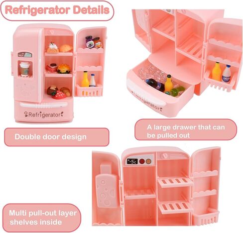 MUYIZI 120 قطعة ثلاجة صغيرة لبيت الدمى لعبة ثلاجة صغيرة مع زجاجات مشروبات طعام صغيرة ثلاجة صغيرة مع مكعبات ثلج أثاث المطبخ مجموعة طعام للأطفال ملحقات تزيين بيت الدمية المصغرة in Kuwait