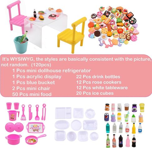 MUYIZI 120 قطعة ثلاجة صغيرة لبيت الدمى لعبة ثلاجة صغيرة مع زجاجات مشروبات طعام صغيرة ثلاجة صغيرة مع مكعبات ثلج أثاث المطبخ مجموعة طعام للأطفال ملحقات تزيين بيت الدمية المصغرة in Kuwait