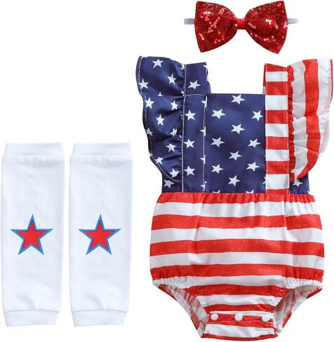 Yoxindax Newborn Girl Outfits 4th of July Romper American Flag Bodysuit Headband Leg Warmers Patriotic Girl Outfits in Kuwait