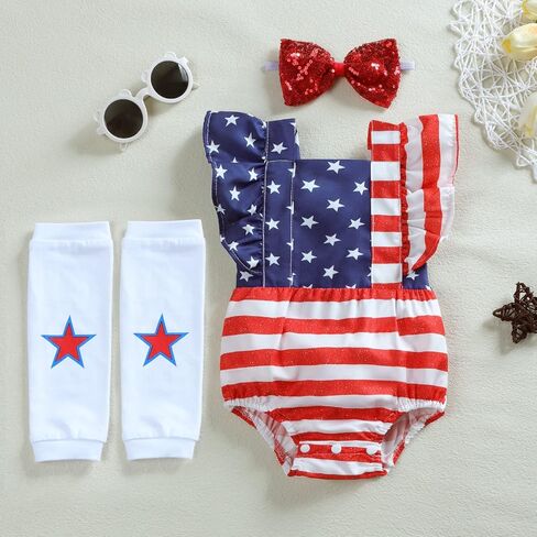 Yoxindax Newborn Girl Outfits 4th of July Romper American Flag Bodysuit Headband Leg Warmers Patriotic Girl Outfits in Kuwait