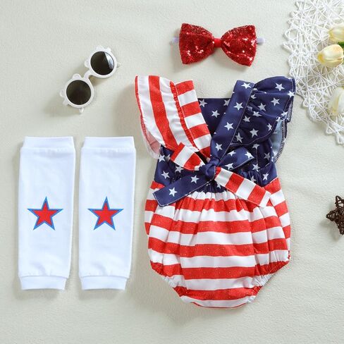 Yoxindax Newborn Girl Outfits 4th of July Romper American Flag Bodysuit Headband Leg Warmers Patriotic Girl Outfits in Kuwait