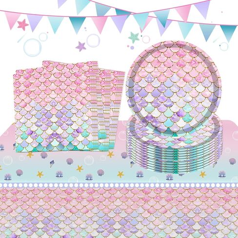 مجموعة أدوات مائدة لحفلات أعياد الميلاد مكونة من 37 قطعة، لوازم حفلات حورية البحر للاستعمال مرة واحدة تتضمن مفرش طاولة واحد و16 طبقًا و20 منديلًا لتزيين طاولات حفلات أعياد الميلاد للفتيات والأطفال in Kuwait