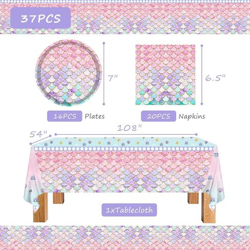 مجموعة أدوات مائدة لحفلات أعياد الميلاد مكونة من 37 قطعة، لوازم حفلات حورية البحر للاستعمال مرة واحدة تتضمن مفرش طاولة واحد و16 طبقًا و20 منديلًا لتزيين طاولات حفلات أعياد الميلاد للفتيات والأطفال in Kuwait