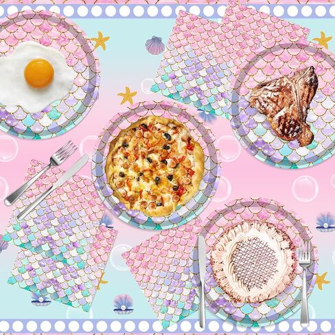 مجموعة أدوات مائدة لحفلات أعياد الميلاد مكونة من 37 قطعة، لوازم حفلات حورية البحر للاستعمال مرة واحدة تتضمن مفرش طاولة واحد و16 طبقًا و20 منديلًا لتزيين طاولات حفلات أعياد الميلاد للفتيات والأطفال in Kuwait