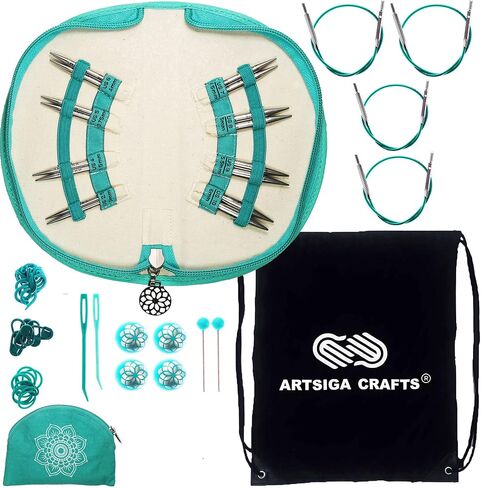 Knitter's Pride Mindful Generosity 2-Inch 8-Pair Interchangeable Lace Knitting Needle Set, Sizes US 2.5, 4, 5, 6, 7, 8, 9, 10 with 4 Cords, 4 End Caps Bundle with 1 Artsiga Crafts Project Bag 250306 in Saudi Arabia