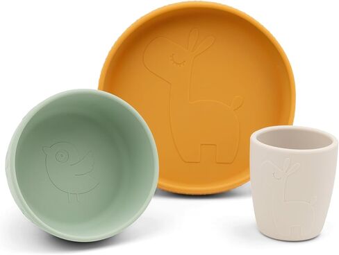 طقم عشاء Done by Deer Stick&Stay Lalee باللون الأخضر/الخردل/الرمل - 100% سيليكون من الدرجة الغذائية - تصميم مضاد للانزلاق وسهل الإمساك - مقاوم للغسل في غسالة الأطباق - مثالي لتجربة تناول الطعام الممتعة للأطفال in Kuwait