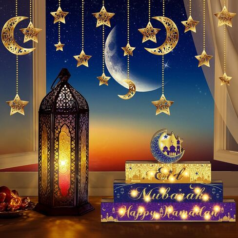 كابودا رمضان ديكور الطاولة عيد مبارك القمر والنجمة ضوء الطاولة زخرفة LED رمضان سعيد الجدول المركزية زينة عيد الأضحى علامة طاولة خشبية للمنزل هدايا عيد مبارك ديكورات الحفلات in Saudi Arabia