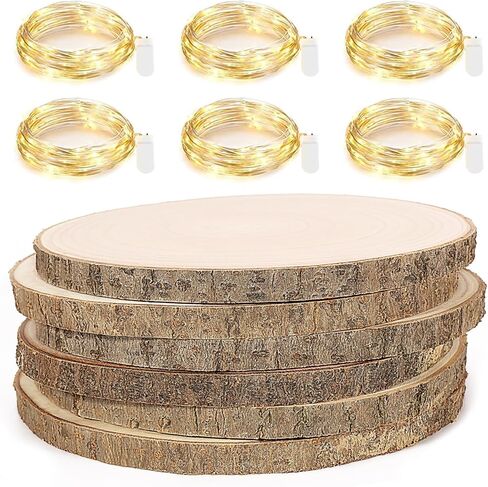Pllieay 10 Piece 8-9 Inch Wood Slices, with 10 Fairy Lights, Wood Slices for Centerpieces, Wood Circles for Weddings, Table Centerpieces Decor and Other DIY Projects in Saudi Arabia