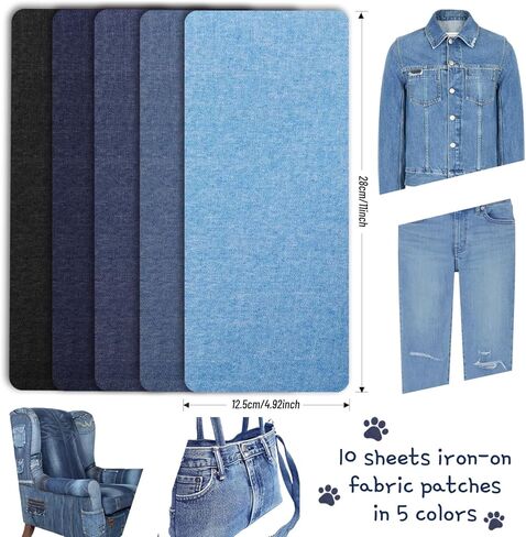 10 ورقات قماشية قابلة للكي على رقع الجينز من أجل بقع الجينز من الحديد على رقع الجينز من داخل الملابس طقم إصلاح وتزيين للسراويل والجيوب والركبتين والأريكة والكوع، 5 ألوان (11 × 4.92 بوصة) in Kuwait
