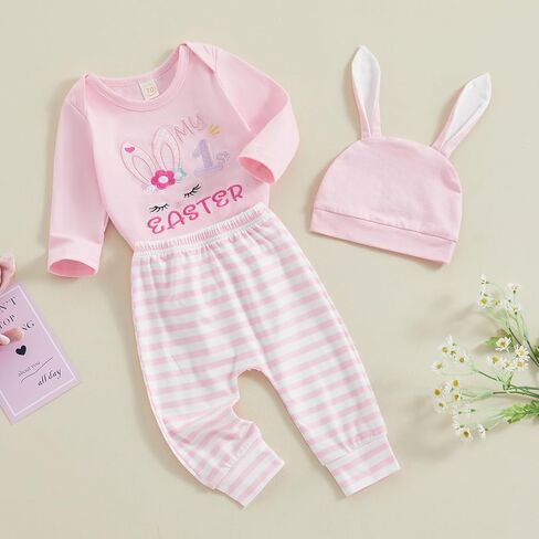 Newborn Baby Girl Easter Outfit My 1st Easter Romper Bunny Shirts Stripe Long Pants Rabbit Hat Clothes Set 0-12M in Saudi Arabia