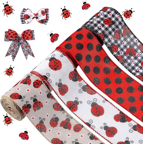 4 Rolls 2.5 Inch x 24 Yard Ladybugs Canvas Ribbons Lady Bug Wire Edged Wrapping Ribbon Red Polka Dot Wired Edge Ribbon Grosgrain Red Dot Craft Ribbon for Crafting Wrapping Party Decoration in Saudi Arabia
