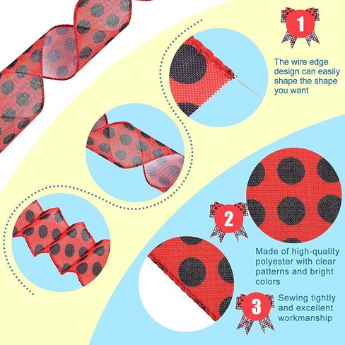 4 Rolls 2.5 Inch x 24 Yard Ladybugs Canvas Ribbons Lady Bug Wire Edged Wrapping Ribbon Red Polka Dot Wired Edge Ribbon Grosgrain Red Dot Craft Ribbon for Crafting Wrapping Party Decoration in Saudi Arabia