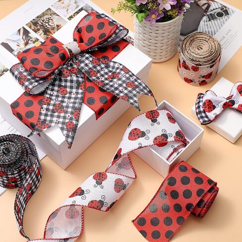 4 Rolls 2.5 Inch x 24 Yard Ladybugs Canvas Ribbons Lady Bug Wire Edged Wrapping Ribbon Red Polka Dot Wired Edge Ribbon Grosgrain Red Dot Craft Ribbon for Crafting Wrapping Party Decoration in Saudi Arabia
