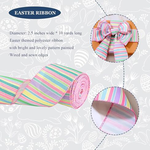 حافة سلكية بشريط عيد الفصح، شريط منقط باستيل سعيد لعيد الفصح لتزيين الربيع، مشبك شعر على شكل قوس إكليل لتزيين الحفلات اليدوية، 2.5 بوصة × 10 ياردات in Kuwait