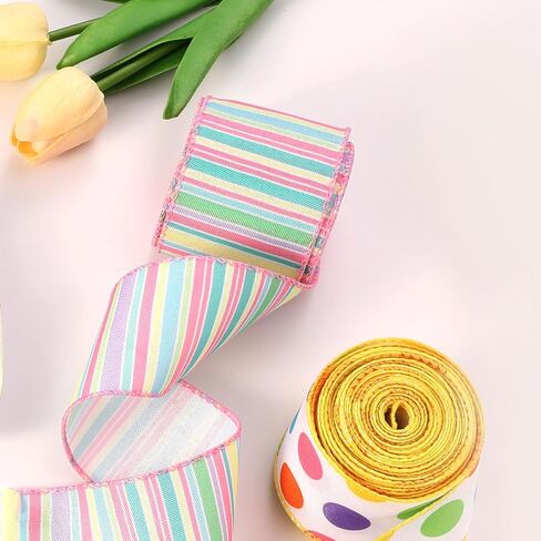 حافة سلكية بشريط عيد الفصح، شريط منقط باستيل سعيد لعيد الفصح لتزيين الربيع، مشبك شعر على شكل قوس إكليل لتزيين الحفلات اليدوية، 2.5 بوصة × 10 ياردات in Kuwait