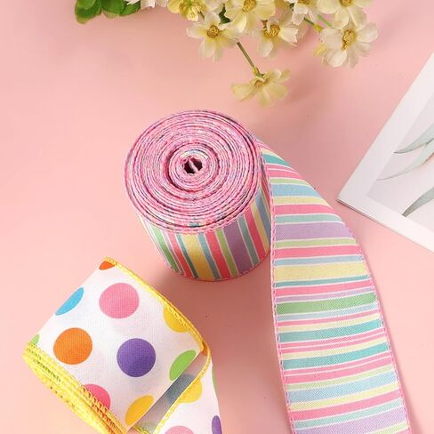 حافة سلكية بشريط عيد الفصح، شريط منقط باستيل سعيد لعيد الفصح لتزيين الربيع، مشبك شعر على شكل قوس إكليل لتزيين الحفلات اليدوية، 2.5 بوصة × 10 ياردات in Kuwait