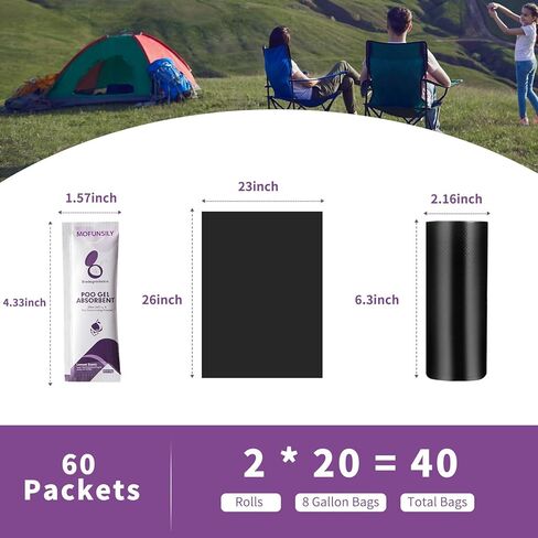 60 عبوة من مسحوق المرحاض المحمول مع 40 كيسًا من أكياس المرحاض المحمولة، أكياس نفايات المرحاض السميكة القابلة للتحلل البيولوجي بسعة 8 جالون وقابلة للتحلل، جل براز ماص لمستلزمات التخييم الترفيهية في الهواء الطلق in Kuwait