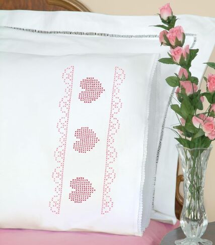 Jack Dempsey Stamped Pillowcases W/White Lace Edge 2/Pkg-Cross-Stitch Hearts & Lace -1800 544 in Saudi Arabia