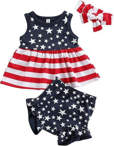 WASAIGOOD Newborn Baby Girls 3Pcs 4th of July Outfits Sleeveless Tank Tops Ruffles Shorts Clothes with Headband in Saudi Arabia