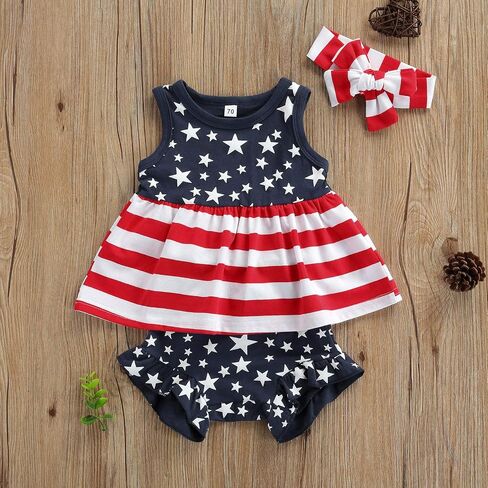 WASAIGOOD Newborn Baby Girls 3Pcs 4th of July Outfits Sleeveless Tank Tops Ruffles Shorts Clothes with Headband in Saudi Arabia