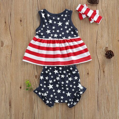 WASAIGOOD Newborn Baby Girls 3Pcs 4th of July Outfits Sleeveless Tank Tops Ruffles Shorts Clothes with Headband in Saudi Arabia