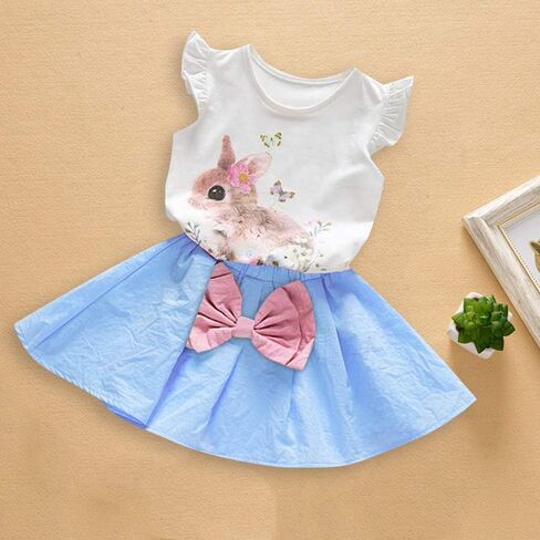 Xfglck طفل أطفال طفل الفتيات ملابس عيد الفصح الأرنب الأرنب طباعة كشكش كم قميص علوي + Bowknot تنورة ملابس الصيف مجموعة in Kuwait
