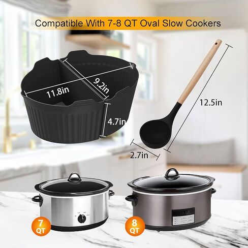 بطانة سيليكون لأواني الفخار البيضاوية 7-8QT/الطباخات البطيئة، حشوة مقسم سيليكون قابلة لإعادة الاستخدام ومانعة للتسرب، فواصل الطبخ البطيئة وملحقات الطبخ وملعقة سيليكون بمقبض خشبي in Saudi Arabia