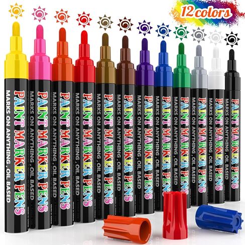Paint Markers Pens, 12 Colors Oil-Based Waterproof Fancy Paint Markers, Quick Dry Permanent Push Markers Set for Tire, Rock, Wood, Fabric, Plastic, Canvas, Glass, Mugs, DIY Craft in Kuwait