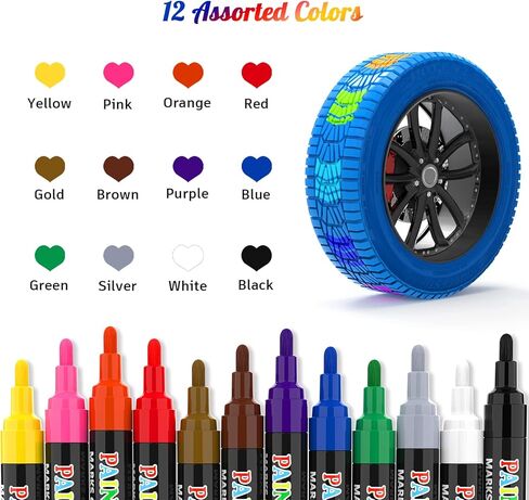 Paint Markers Pens, 12 Colors Oil-Based Waterproof Fancy Paint Markers, Quick Dry Permanent Push Markers Set for Tire, Rock, Wood, Fabric, Plastic, Canvas, Glass, Mugs, DIY Craft in Kuwait