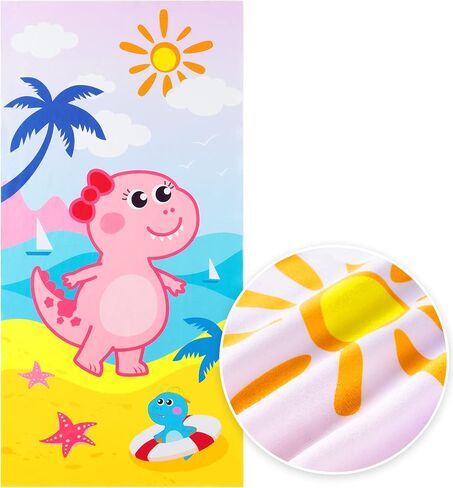 WERNNSAI Cute Dinosaur Beach Towel for Girls- 30" x 60" Bath Towel Pool Towel for Kids Quick Dry Sand Free Super Soft Kids Beach Towels Absorbent Lightweight Camping Towel for Swim Travel Sport in Saudi Arabia