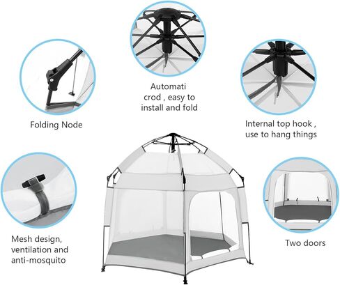 روضة أطفال مع مظلة، خيمة شاطئ محمولة للأطفال، ساحة لعب للأطفال الصغار في الداخل والخارج، شبكة ناموسية قابلة للطي للرضع - رمادي in Kuwait