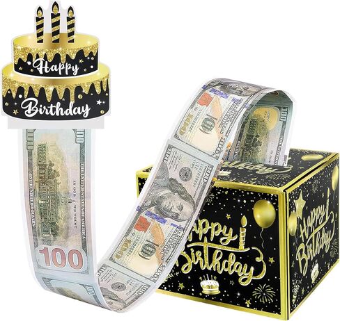 Nobgum Birthday Day Money Box for Cash Gift Pull, Surprise Money Box for Cash Gift，Black & Gold Money Holder for Friend Family Women Men Birthday Party in Kuwait
