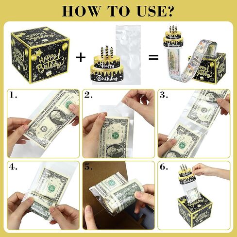 Nobgum Birthday Day Money Box for Cash Gift Pull, Surprise Money Box for Cash Gift，Black & Gold Money Holder for Friend Family Women Men Birthday Party in Kuwait
